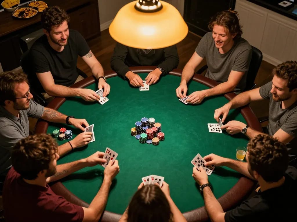 Friends enjoying a thrilling poker game at home, showcasing 789 bet strategies with engaging atmosphere
