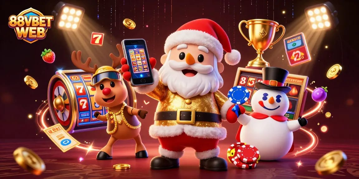 Experience the excitement of 88VBET WEB with a cartoon Santa in a casino scene packed with jackpot slots and festive elements.