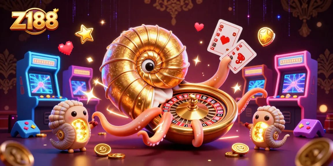 Z188 engages players with vibrant 3D cartoon elements of a giant nautilus and golden casino themes.