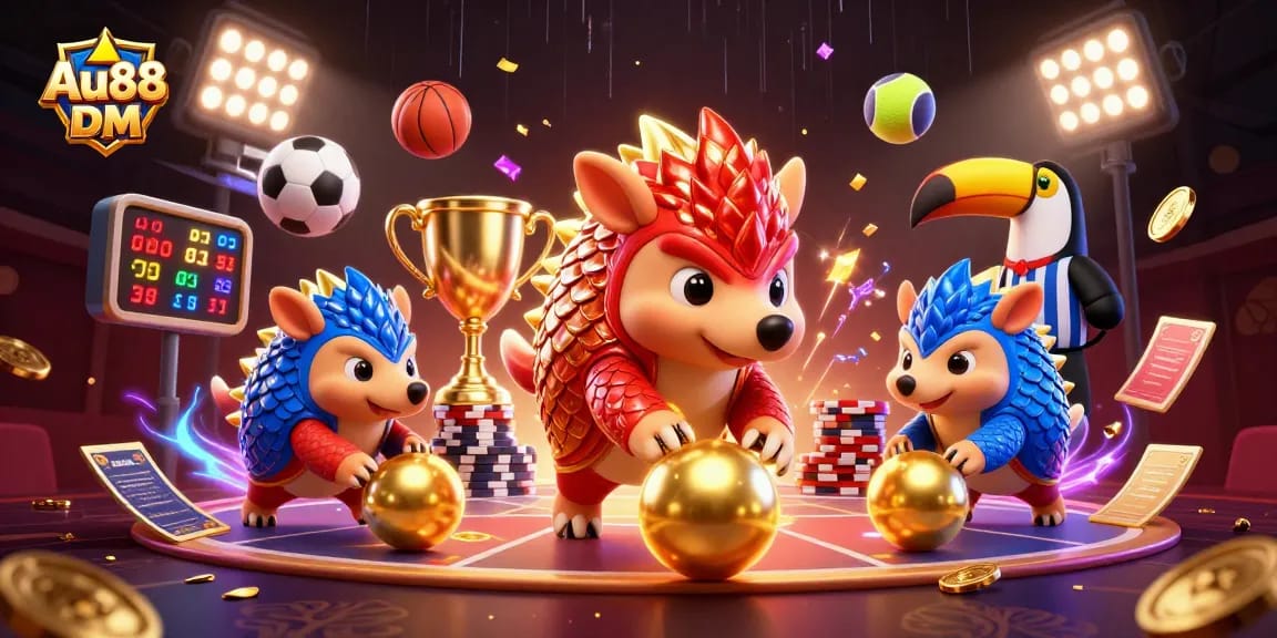 Join the excitement at Au88 DM with a dynamic scene of rival pangolins playing for poker chips and winning.