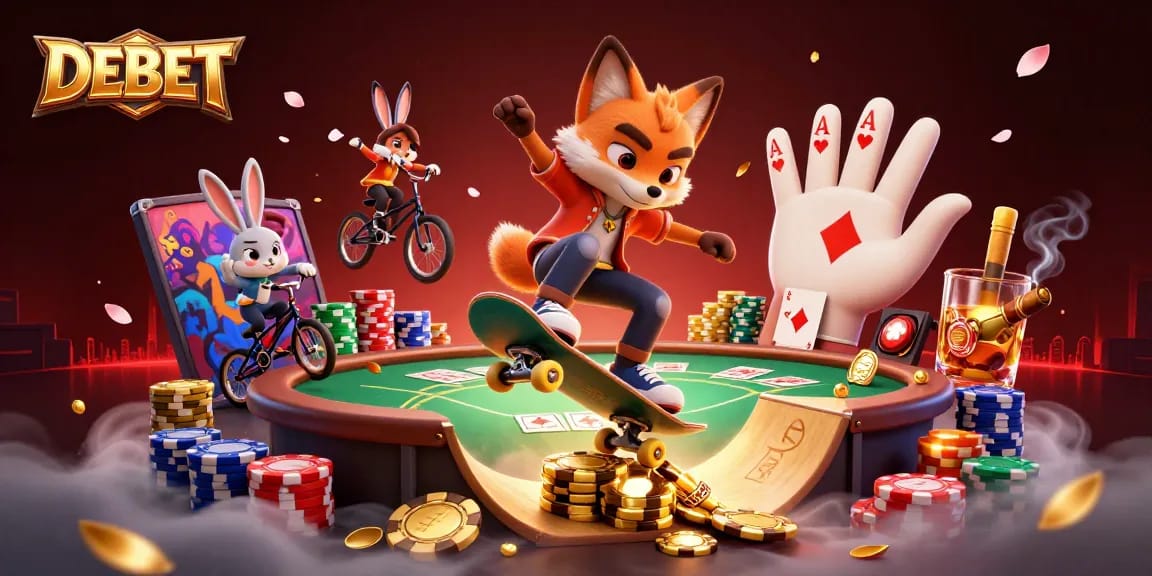 Experience the thrilling casino action with DEBET as a fox performs stunts over golden poker chips amidst vibrant scenery.