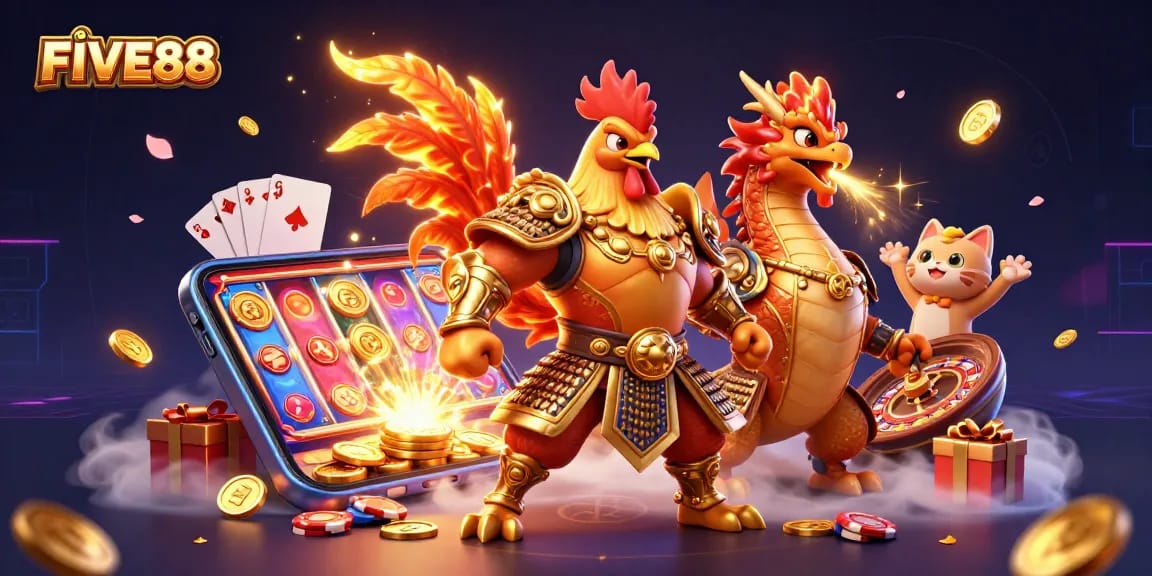 Engage with FIVE88's dynamic gaming world featuring illustrated casino characters and vibrant gameplay elements.