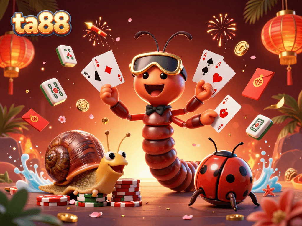 Experience ta88 excitement with a vibrant casino scene featuring unique characters and dynamic game elements.