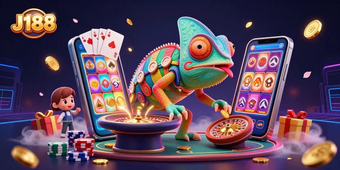 Win with J188 as the vibrant chameleon casino owner grabs golden coins amidst thrilling gaming elements.