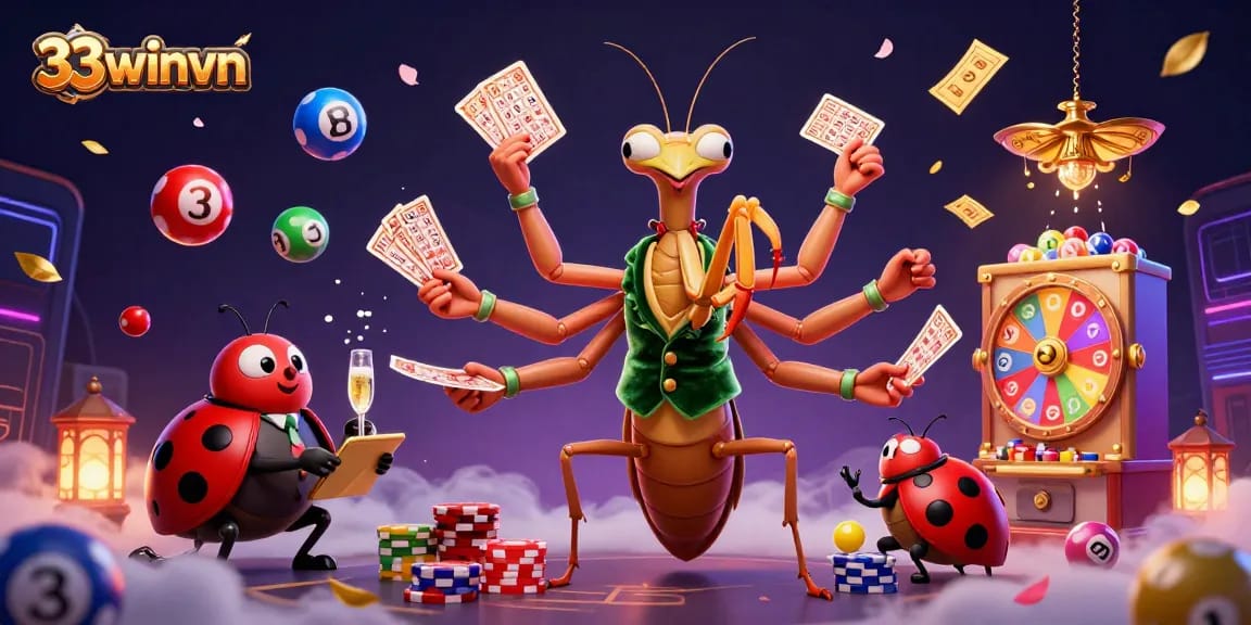 Engaging scene of a praying mantis card sharp and a ladybug pit boss in a vibrant 33winvn casino atmosphere with dynamic game elements.