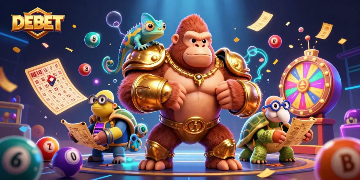 Experience the thrilling world of DEBET with a powerful gorilla king, excitement, and vibrant gaming elements.