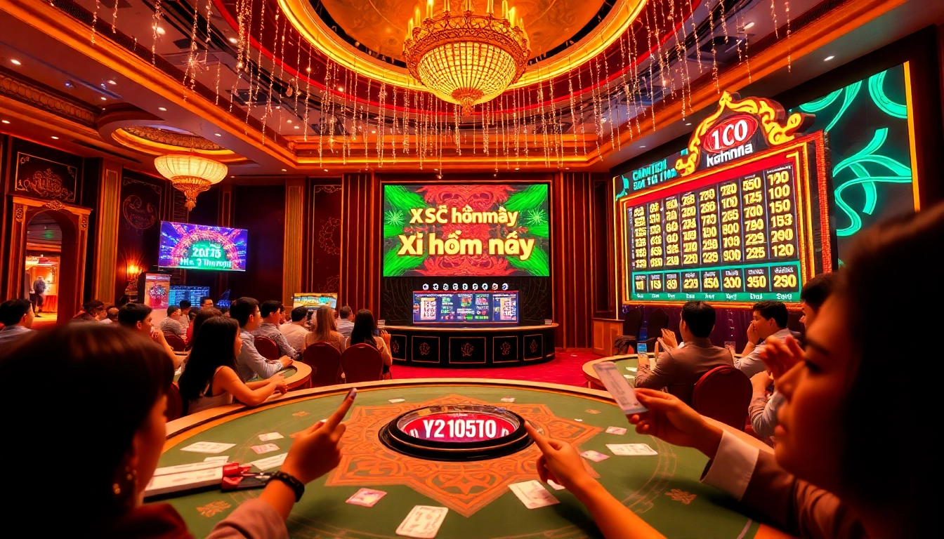 Xổ số hôm nay lottery draw event showcasing excitement, winning tickets, and luxurious casino ambiance.