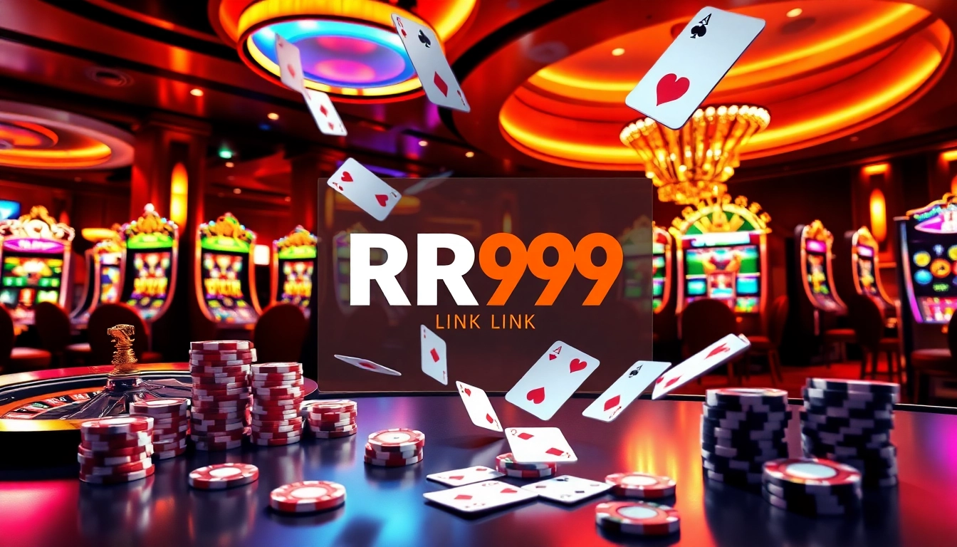 Experience the thrill of gambling at RR99 LINK with vibrant casino visuals showcasing roulette and slot machines.