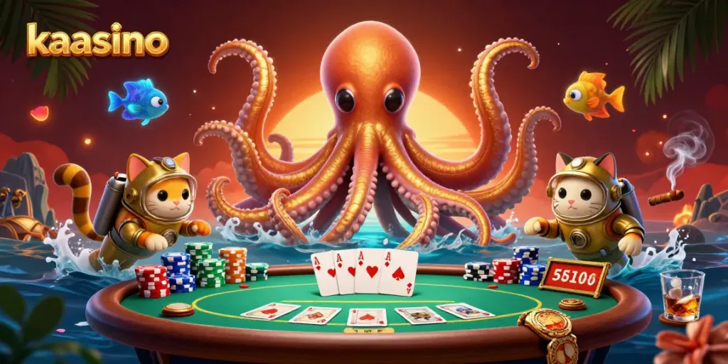 Kaasino casino scene featuring a kraken, diving cat, and poker elements in an immersive illustration