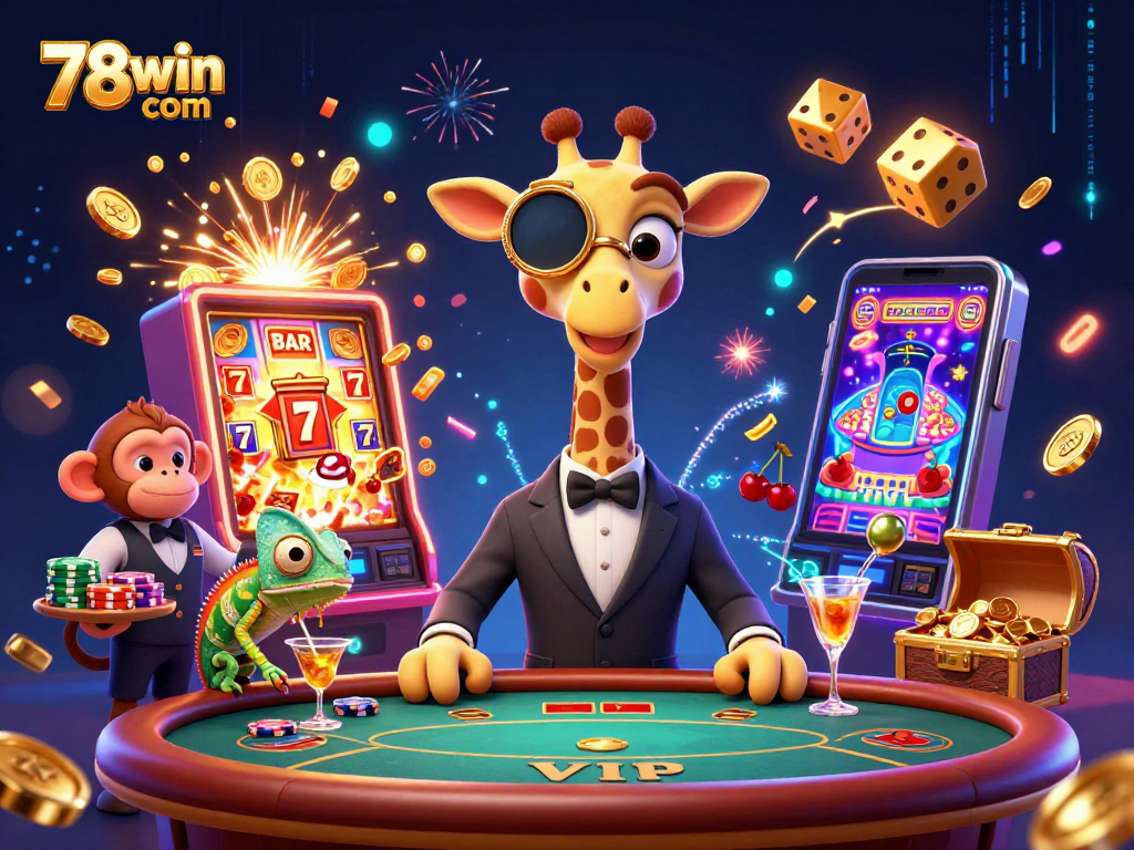 Experience the excitement of gambling at 78win com with a vibrant scene featuring a giraffe at a VIP poker table.