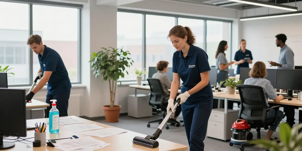 Schoonmaakbedrijf den haag professionals thoroughly cleaning a modern office space using eco-friendly techniques.