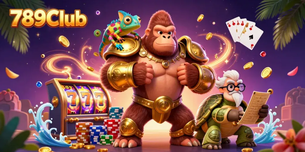 Join the action at 789Club with a gorilla king and friends amidst exciting casino elements.