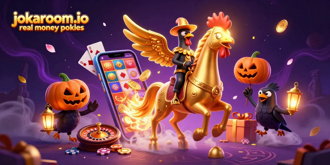 Engage with jokaroom.io real money pokies through vibrant 3D casino art featuring a golden rooster and mystical elements.