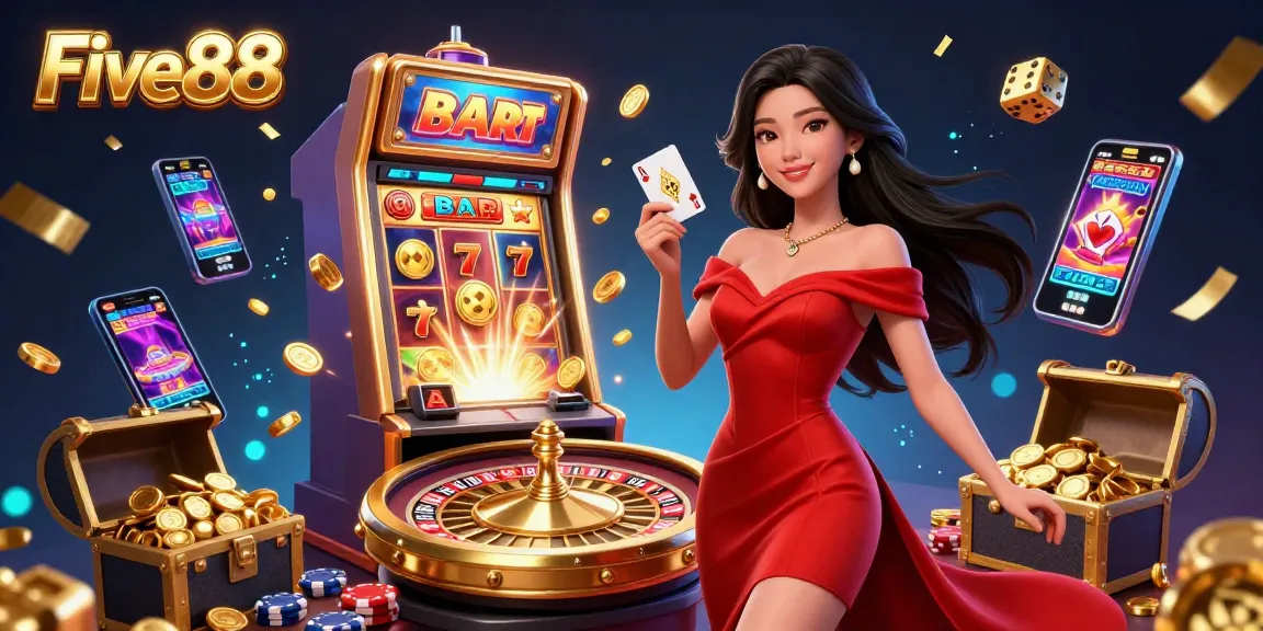 Experience the thrill at Five88 with winning games and stunning visuals in this vibrant casino illustration.