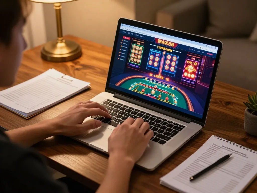 Engaging with the MAX88 online casino interface on a sleek laptop in a cozy gaming setup.