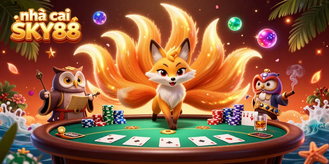 Experience excitement with nhà cái SKY88's vibrant casino atmosphere, showcasing poker tables and rich colors.