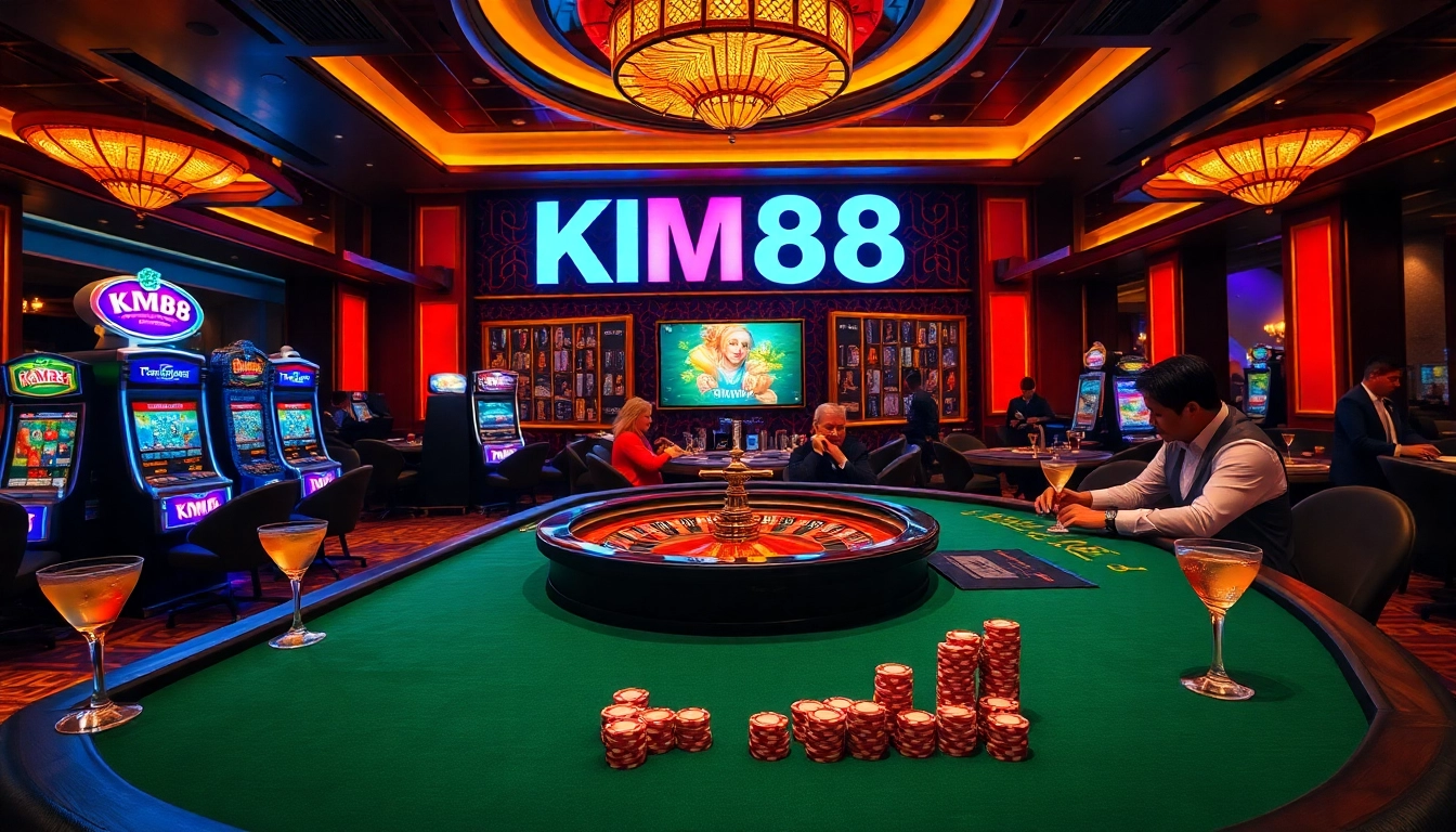 Engaging scene of gambling at KM88 com featuring poker, roulette, and lively casino atmosphere.
