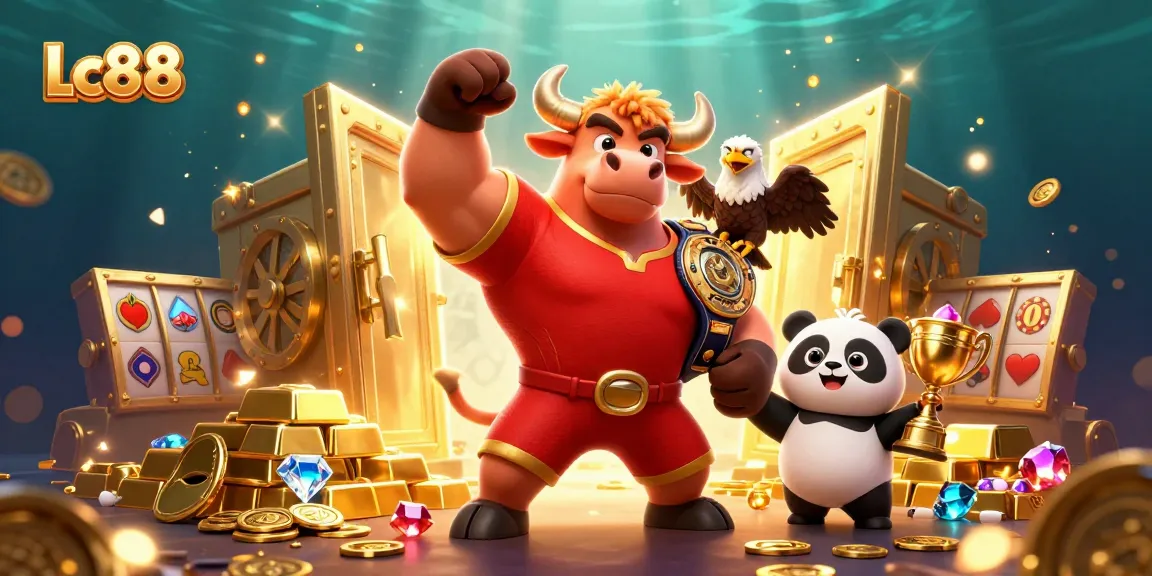 Win at Lc88 with a vibrant casino scene featuring a bull mascot and gems.