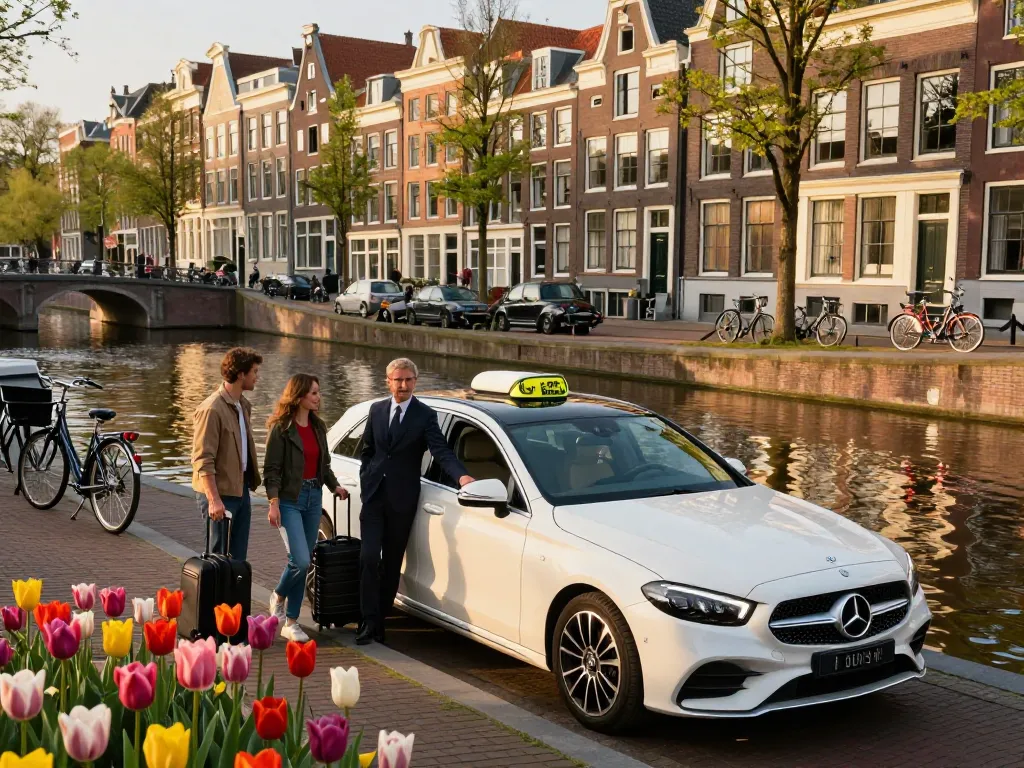 Taxi Amsterdam service met luxueuze Mercedes aan schilderachtige gracht, die het gemak en de schoonheid van stadsreizen toont.