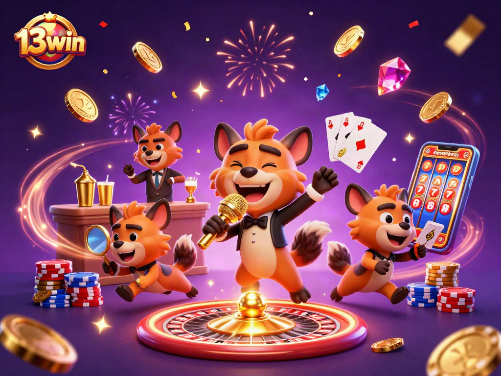 Engage in exciting games at 13win with lively hyenas in a comedy casino scene.