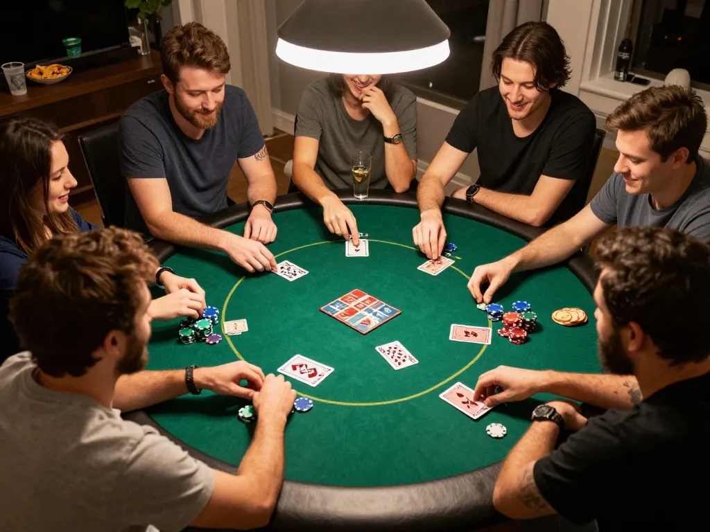 Friends enjoying a thrilling poker night with SC88 cards and chips, capturing the excitement of strategic gameplay