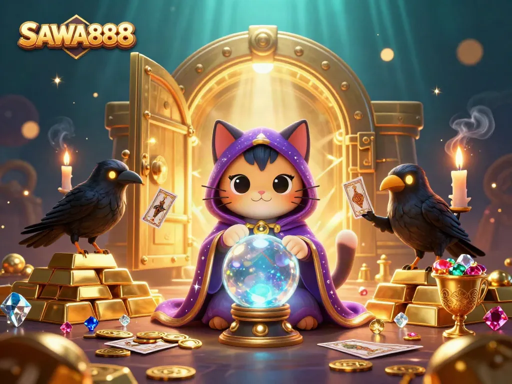 Experience the thrilling world of SAWA888 slots with a mystical fortune teller cat and treasure bursts.