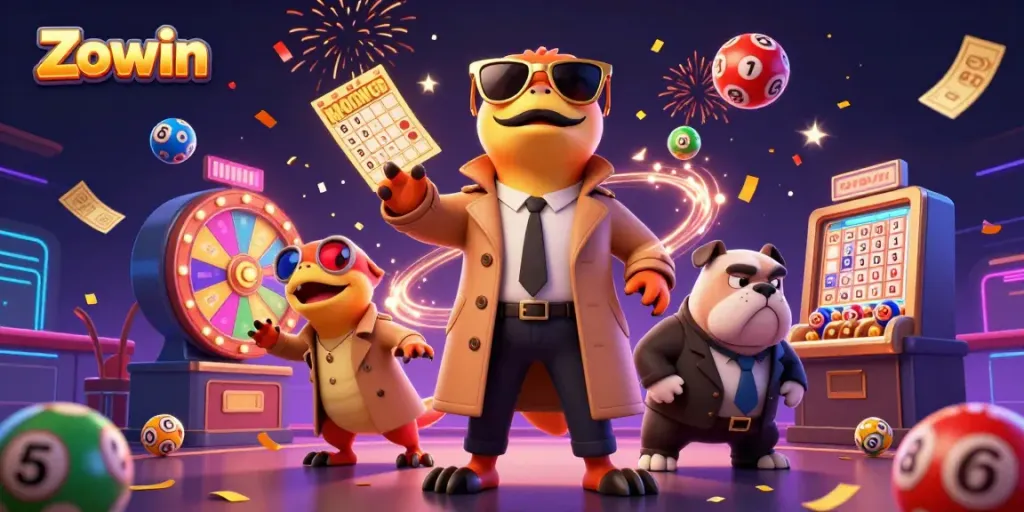 Experience the excitement of Zowin casino with vibrant game elements and playful raptors.