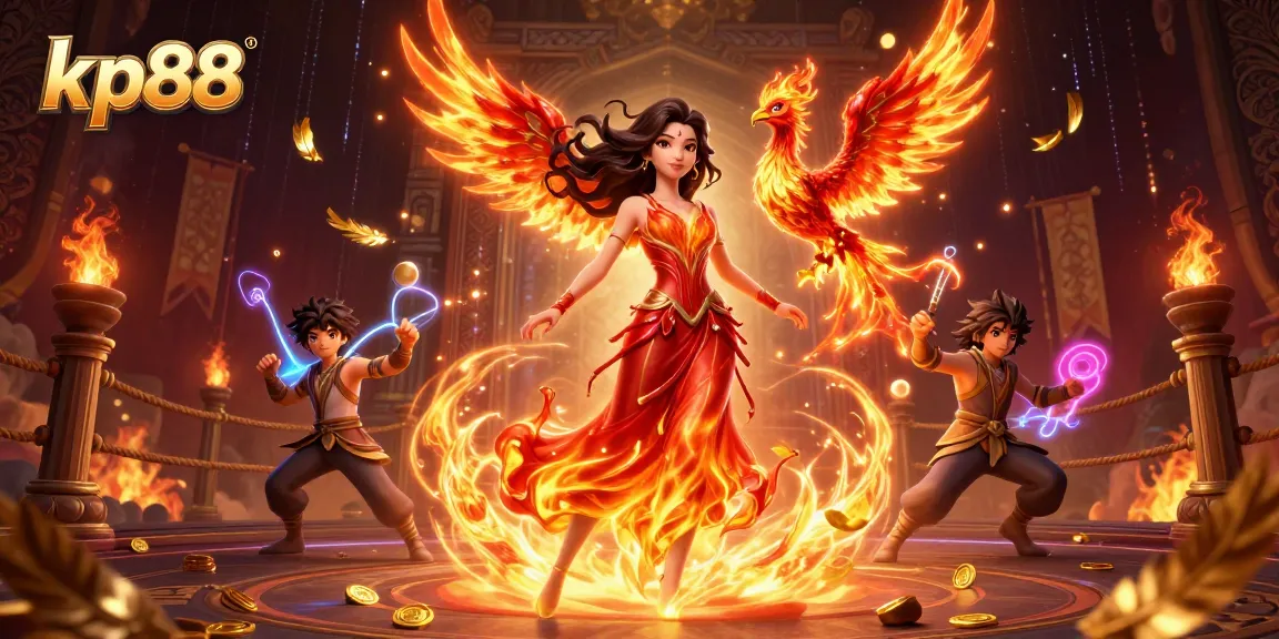 Engage in kp88's thrilling online gaming experience with a fiery Asian woman and her phoenix.