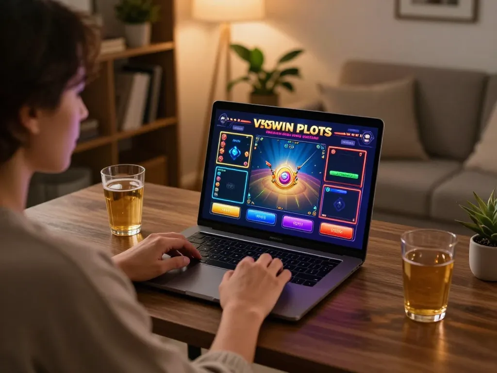 Engaging in vswin slots gameplay on a laptop in a cozy home setup, showcasing responsible entertainment.