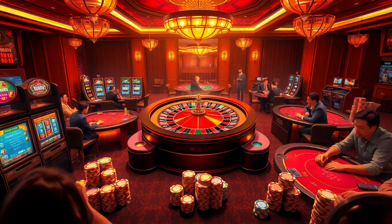 Experience the thrill of gambling at lu88bb.com with a vibrant casino scene featuring tables and roulette wheels.