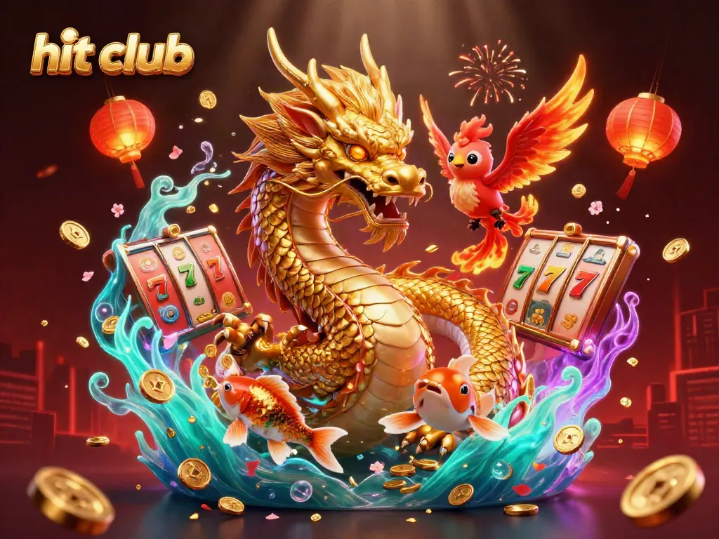 Experience the thrill of hit club with a golden dragon, phoenix, and koi fish in a vibrant 3D casino world.