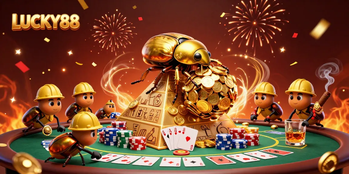Transform your luck with LUCKY88 as the golden beetles elevate your winnings in a vibrant casino scene.