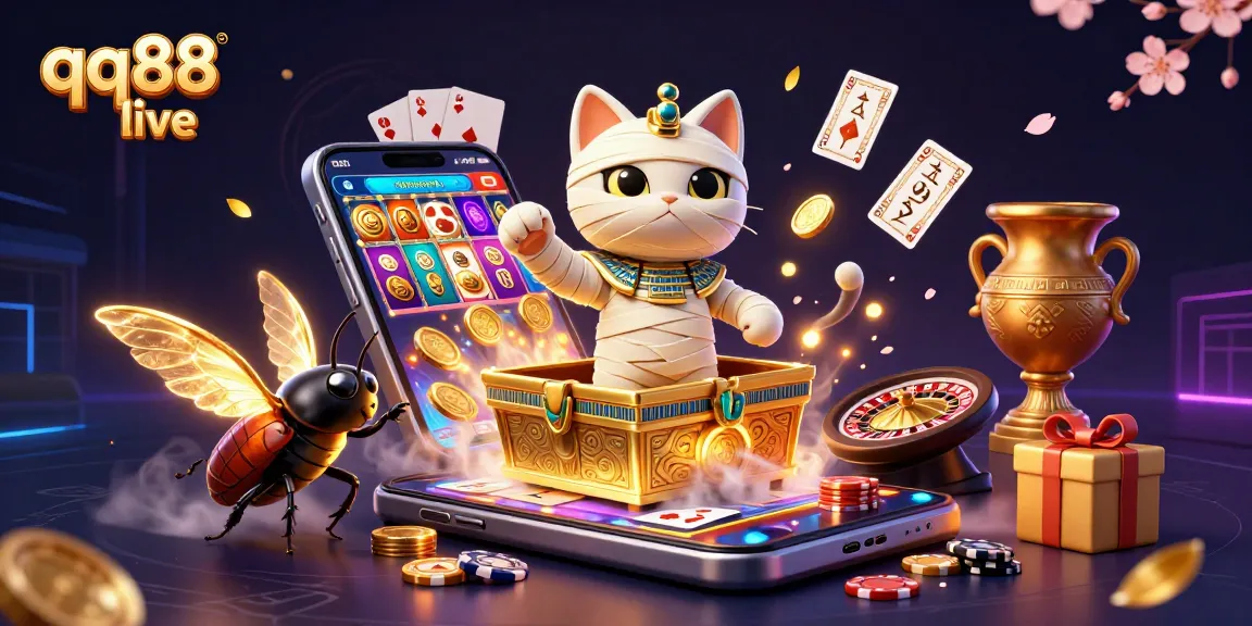 Experience exciting qq88 live action with a 3D Egyptian mummy cat and golden casino treasures.