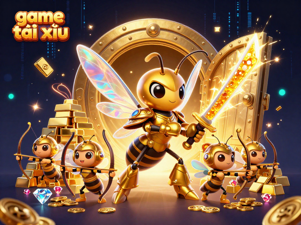 Engage in exciting game tài xỉu with dynamic characters surrounded by treasures and gems.