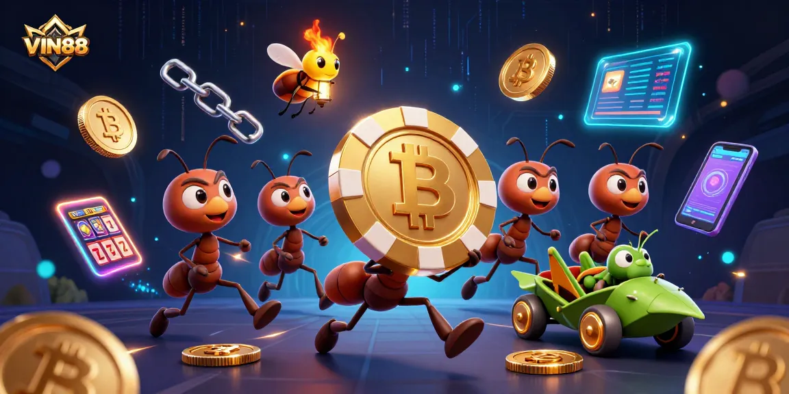 Engage with VIN88 through this vibrant scene of ants heisting a golden poker chip amidst neon crypto elements