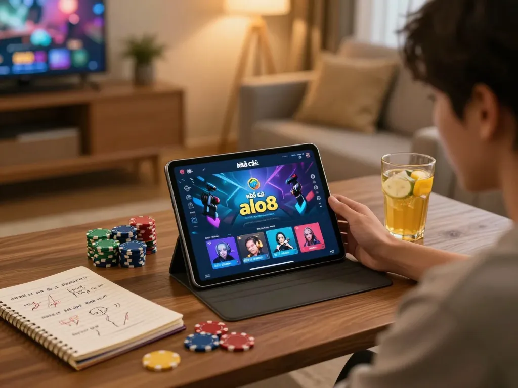 Engaging online gambling session on nhà cái alo8 app in a cozy home environment.