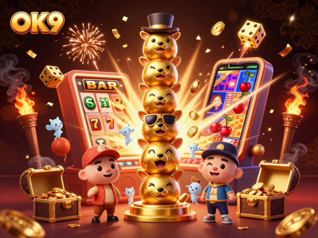 Engage with the thrilling world of OK9, featuring a vibrant 3D casino totem and dynamic game elements.