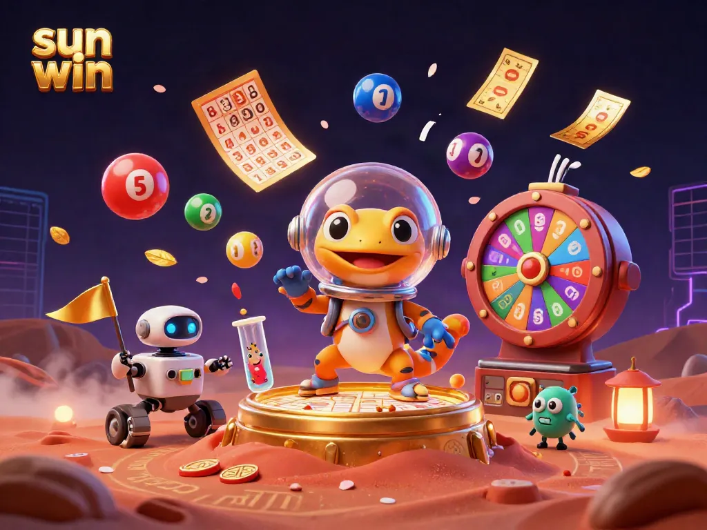 Win big with Sun Win at a vibrant 3D casino scene featuring fun gaming elements.