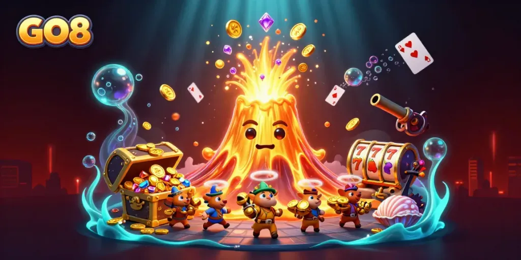 Experience the thrill of GO8 with a vibrant 3D scene filled with treasures and gaming elements.