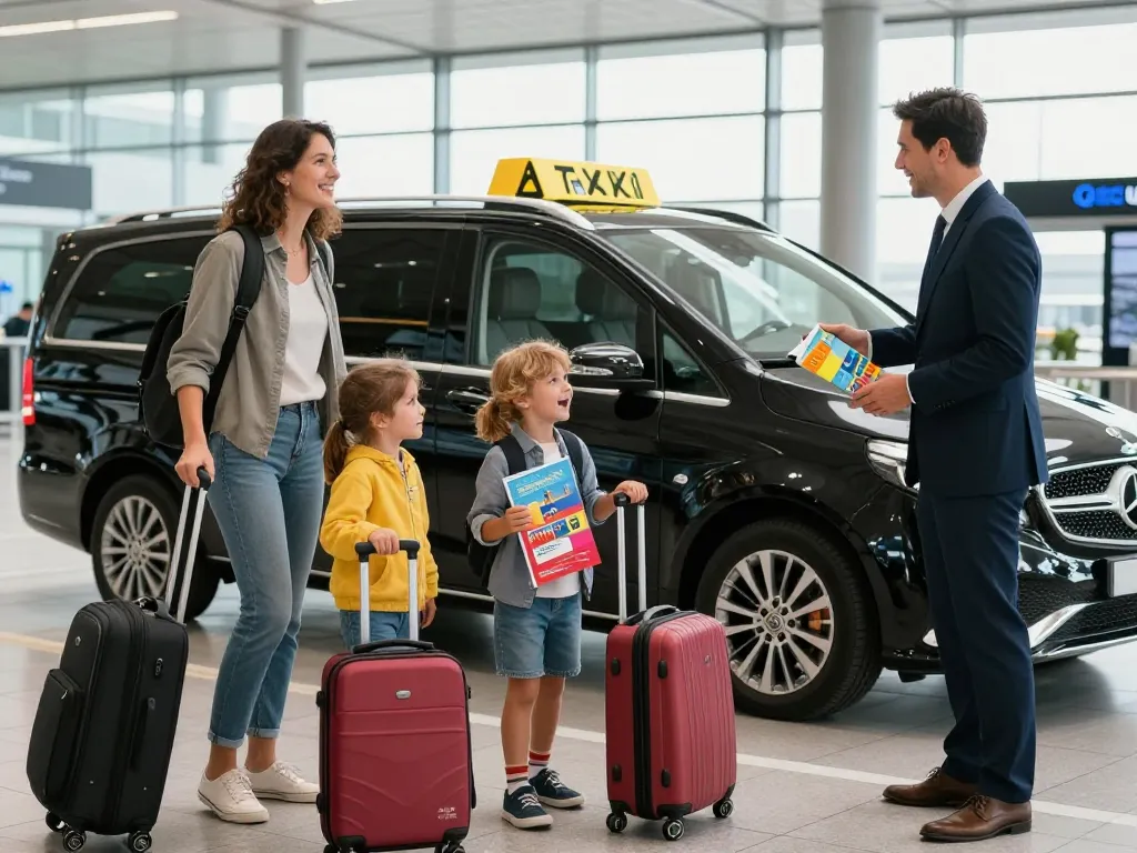 Taxi Amsterdam service met een gezin dat aankomt op Schiphol Airport, verwelkomd door een professionele chauffeur.