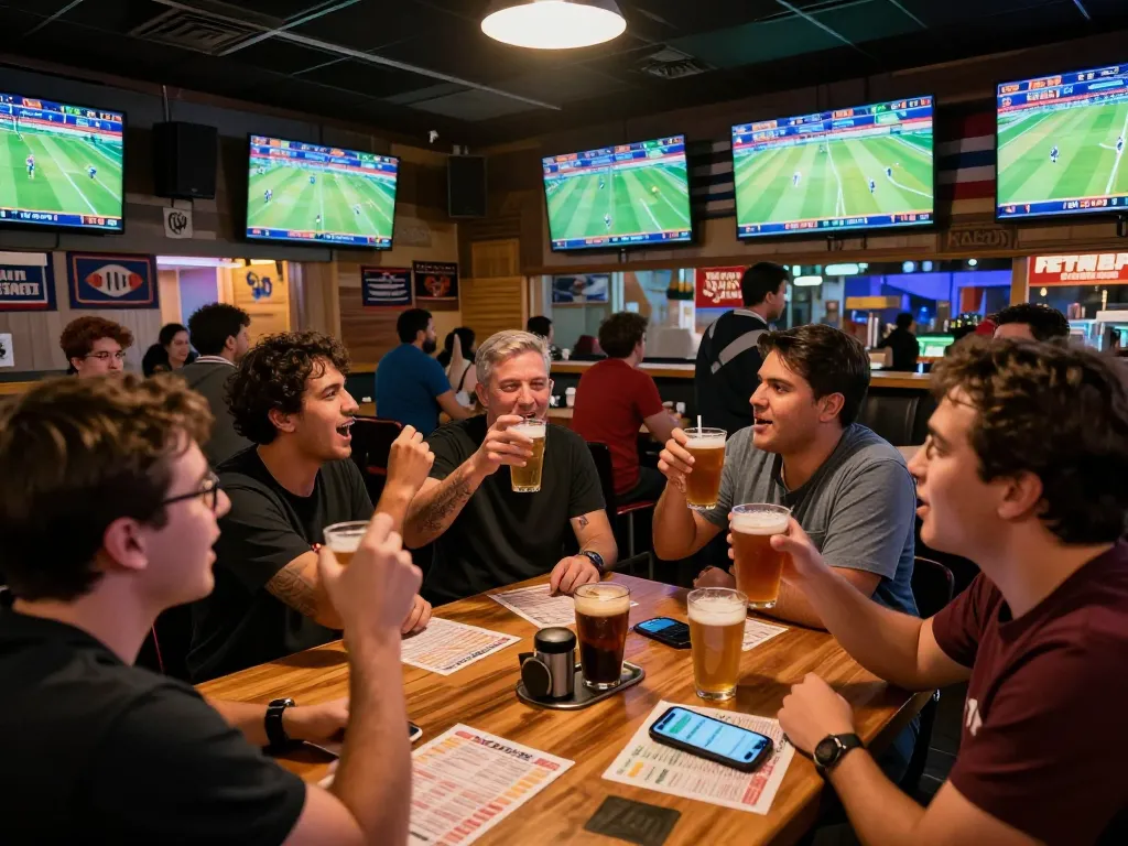Sports fans celebrating bets at a lively sports bar highlighting kèo nhà cái excitement.