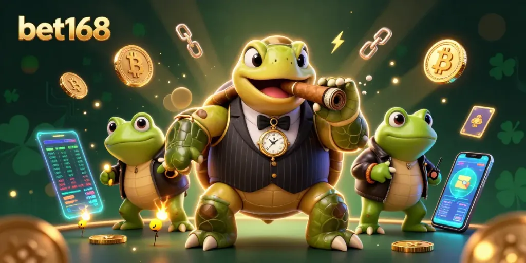 Win big with bet168 in a vibrant casino scene featuring a snapping turtle and bullfrog enforcers.