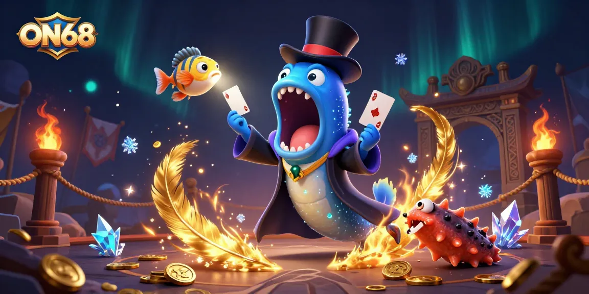 ON68 features a bioluminescent eel magician in action, showcasing casino elements and vibrant energy.