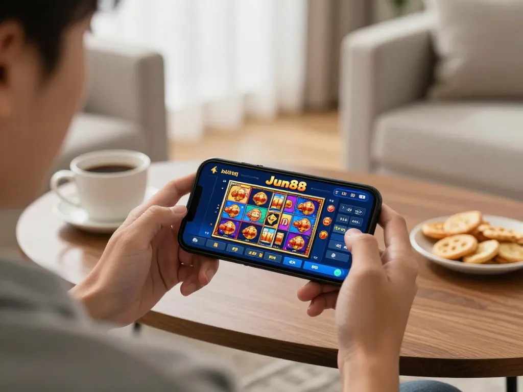 Engaged player using the Jun88 app on smartphone for mobile gambling experience.