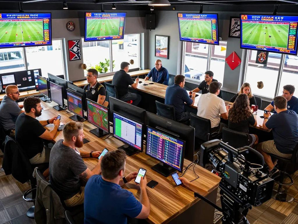 Patrons engaging in live sports betting at 28bets, checking odds and placing bets in a vibrant atmosphere.