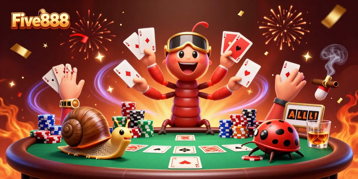 Engage with Five888 at a vibrant casino scene showcasing a millipede dealer and winning card hands.