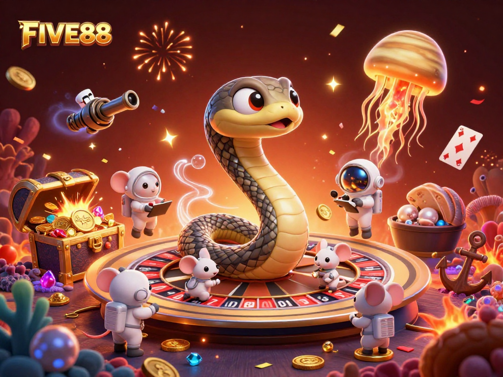 Experience the thrill of FIVE88 casino as tiny astronaut mice bet in a 3D cosmic casino scene.