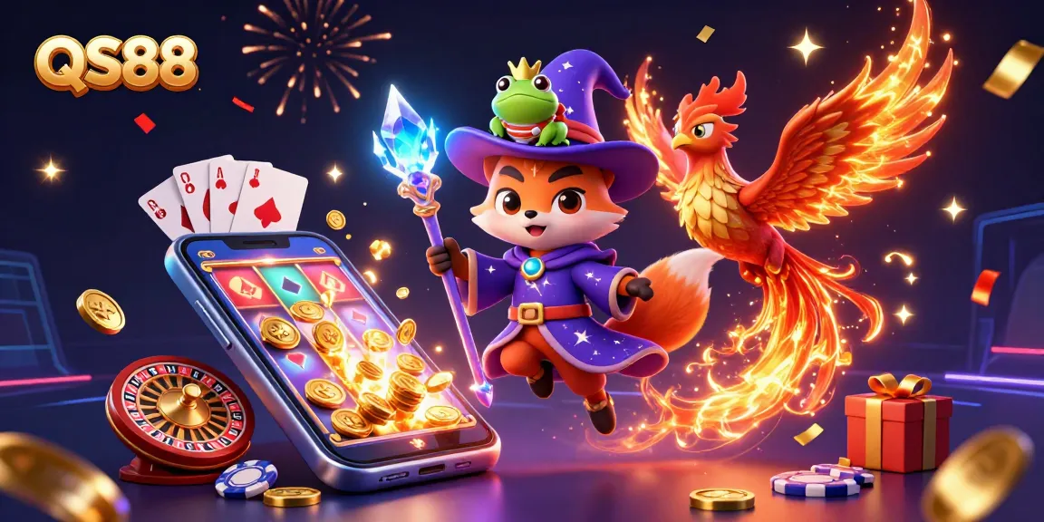 Experience the excitement of QS88 with a vibrant 3D illustration featuring mystical creatures and casino elements.