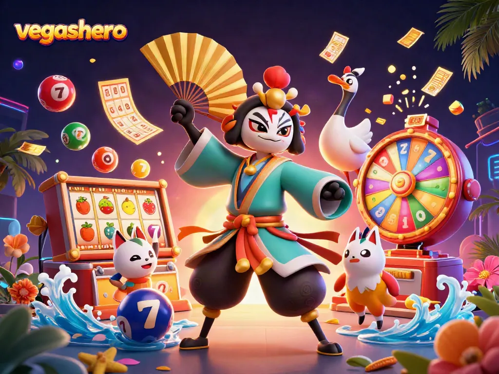 Engage in thrilling gaming at VegasHero with vibrant characters, slot reels, and dynamic elements!