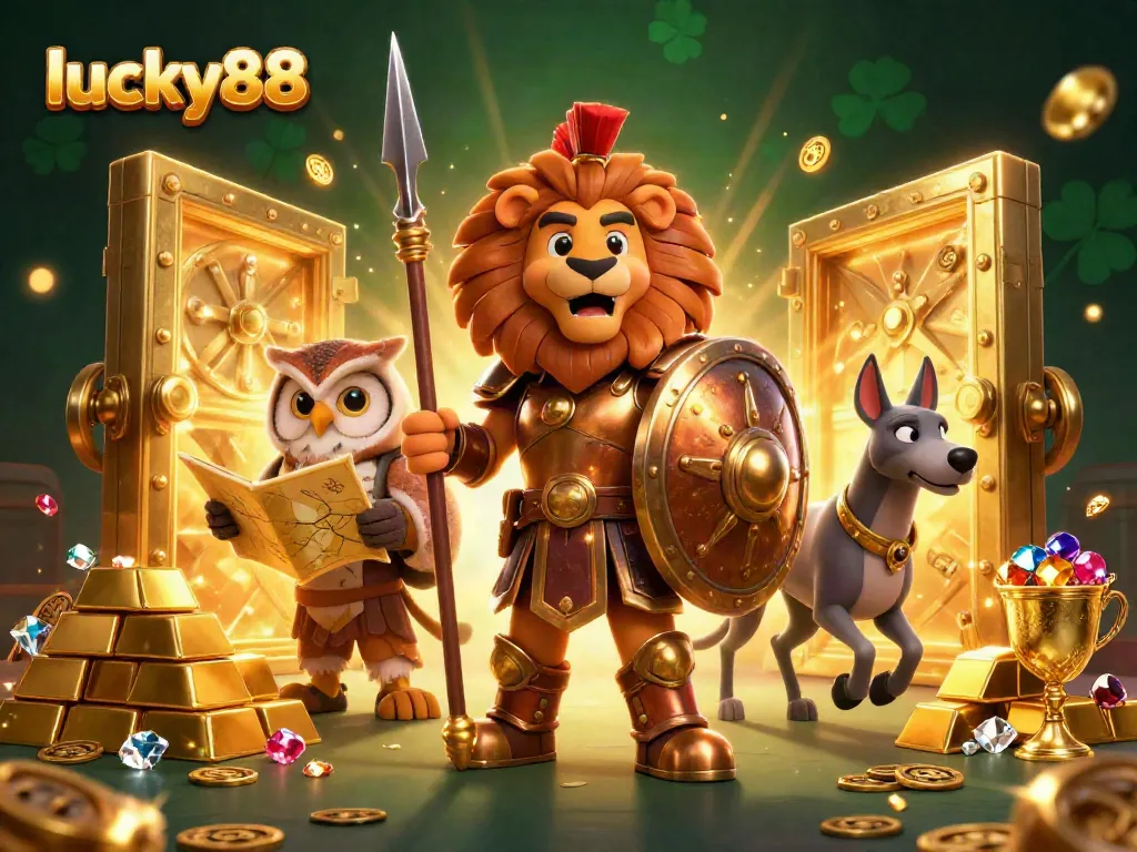 Experience the thrilling adventure of lucky88 with a heroic lion and golden treasures